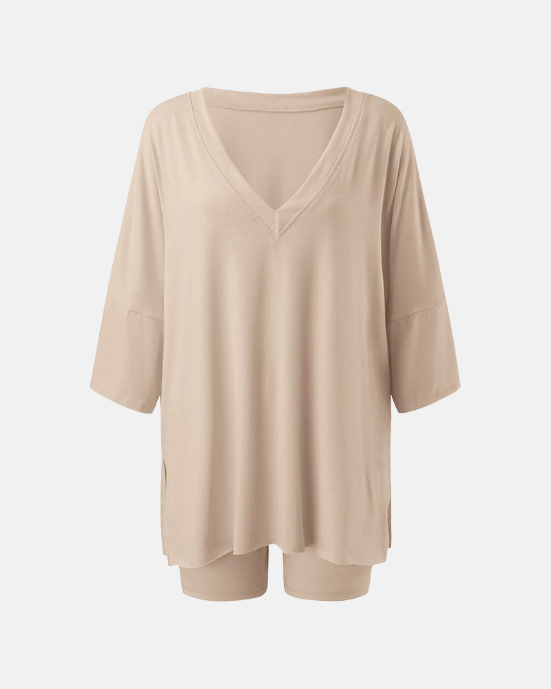 V Neck Oversized Shirt & Biker Shorts 2 Piece Lounge Set