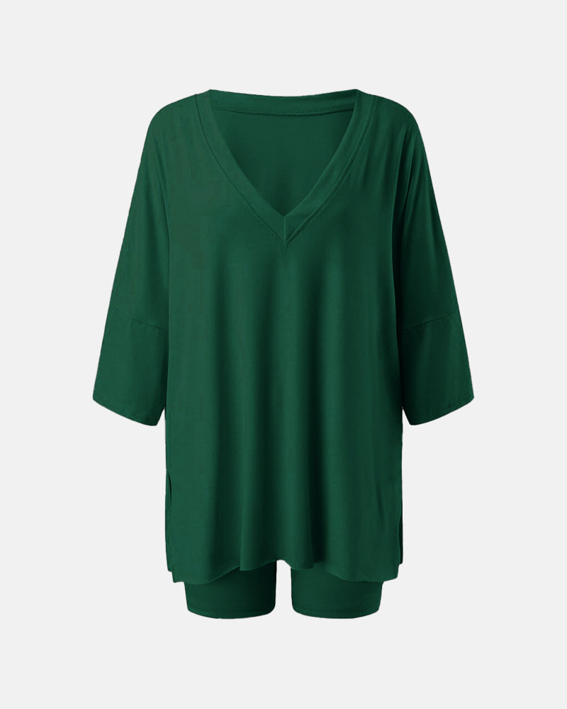 V Neck Oversized Shirt & Biker Shorts 2 Piece Lounge Set
