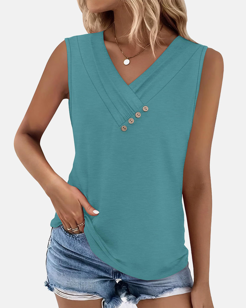 Summer Button Down V Neck Sleeveless Loose Fit Fashion Top