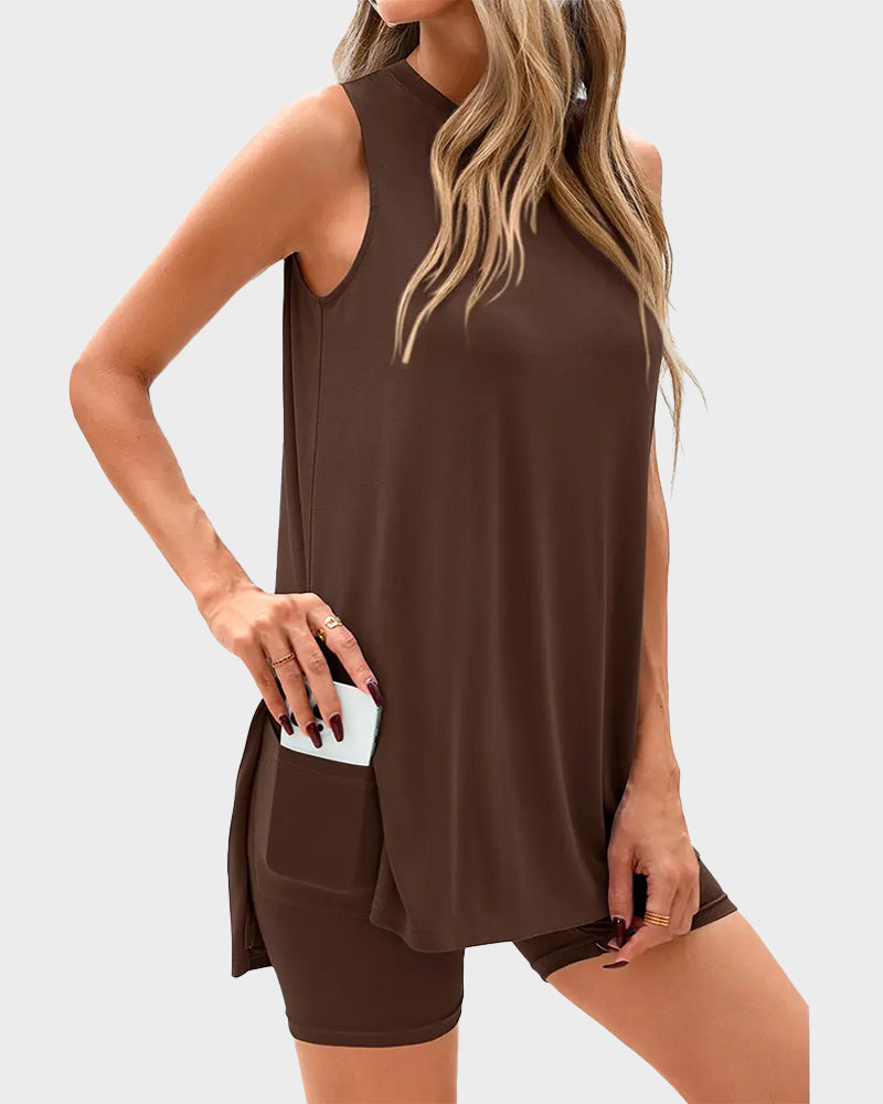 Sleeveless Crewneck 2 Piece Shorts Set Split Hem Casual Basic Fitted Homewear