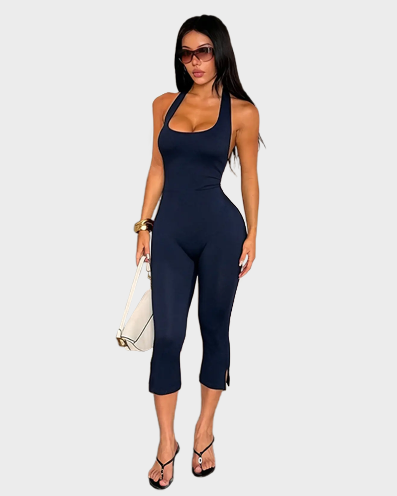 Women's Solid Color Sleeveless Halter Neck Skinny Fit Casual Comfy Jumpsuit