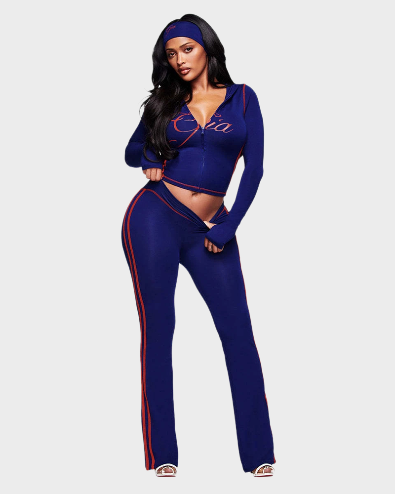 Letter Print Zip Up Cropped Hoodie  & Low Rise Flare Leg Pants Set