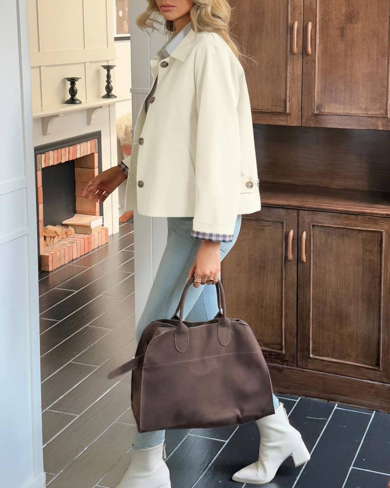Women's Cropped Trench Coat Style Oversized Checkered Lining Jacket