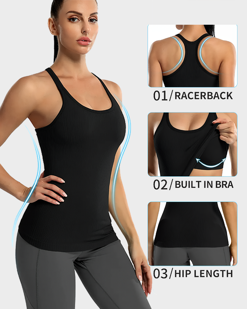 Women's Ribbed Racerback Tank Top with Built in Bra Scoop Neck Tight Athletic Top