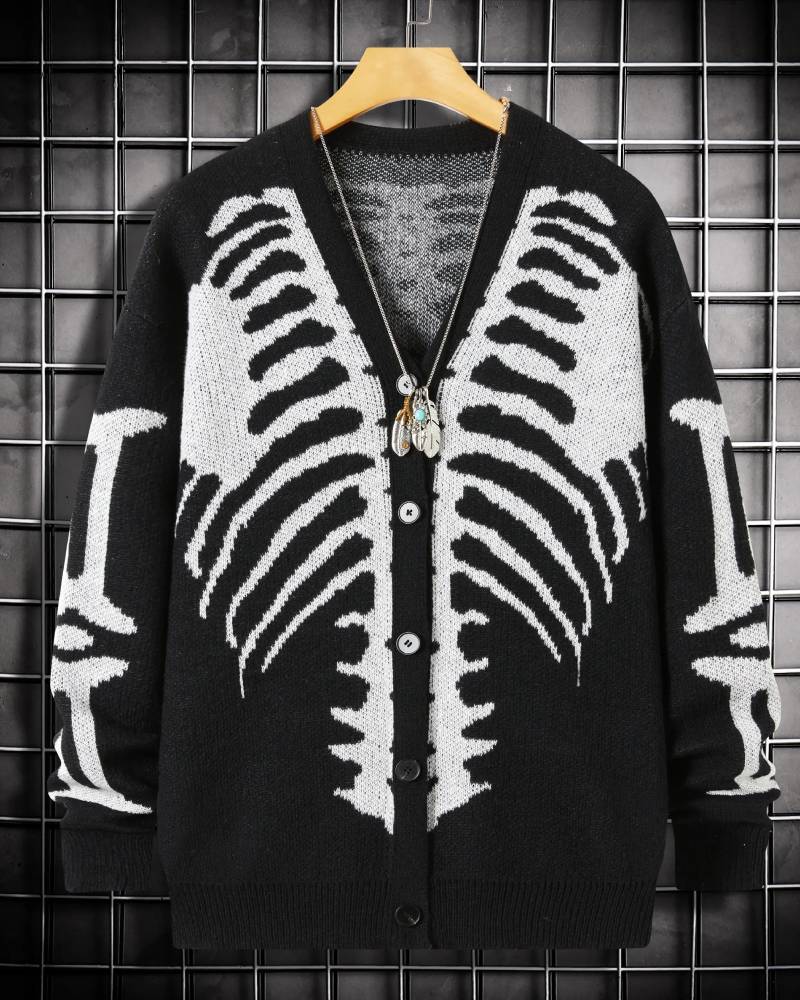 Skeleton Print Long Sleeve V Neck Button Front Loose Drop Shoulder Soft Knit Halloween Fall Top