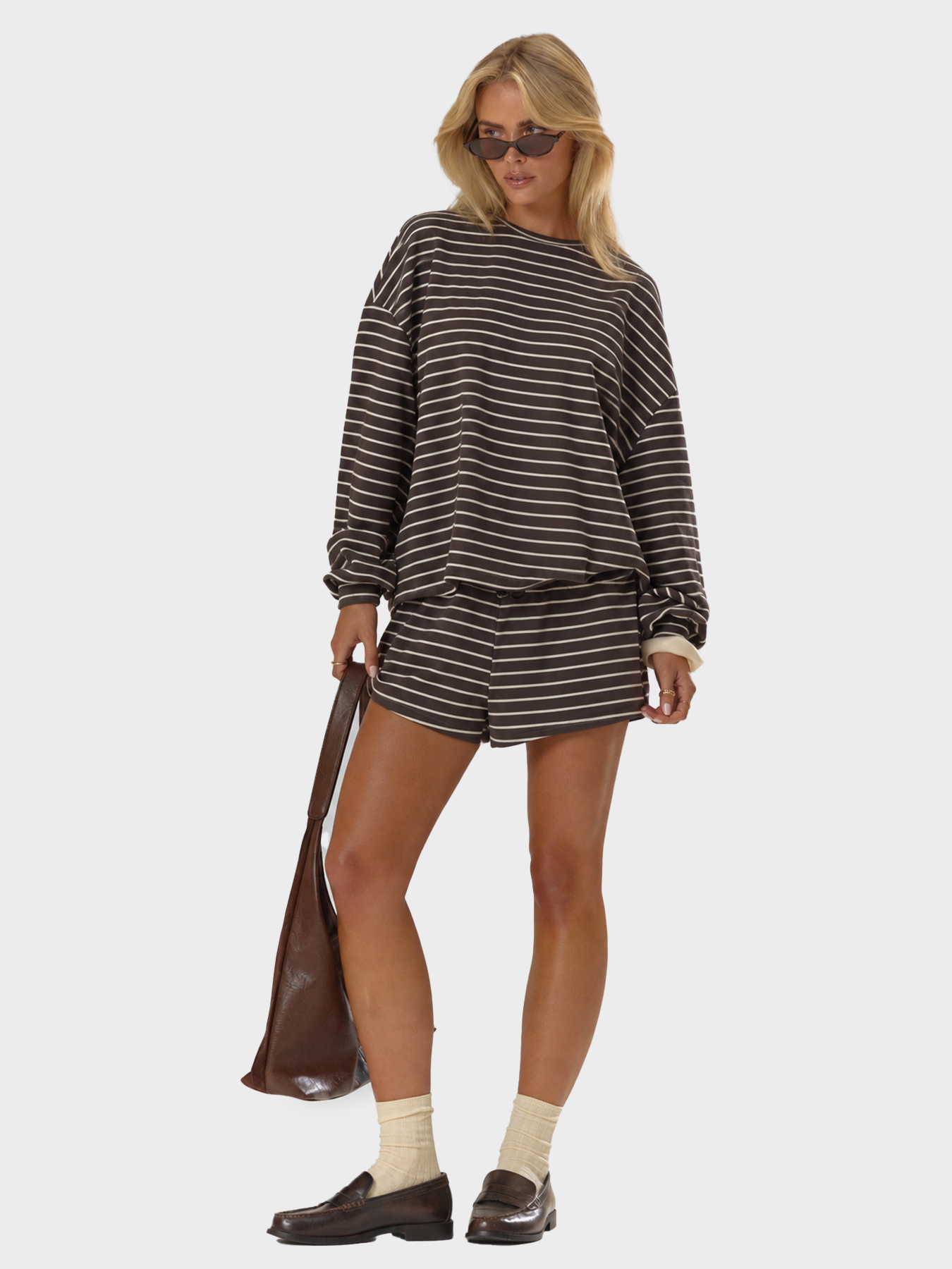 Striped Oversized 2-Piece Lounge Set – Long Sleeve Top & Pocket Shorts