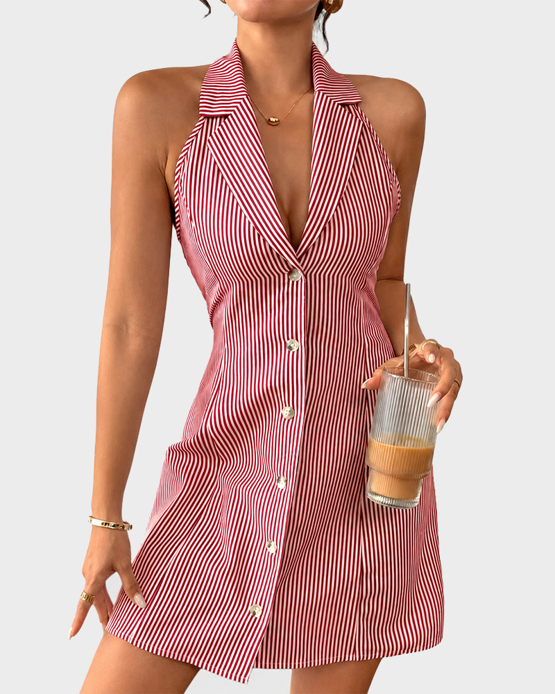 Striped Halter Short Dress Deep V Neck Single Button A Line Skirt