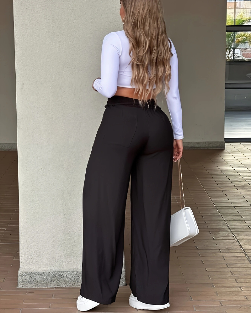 Women's High Waisted Wide Leg Casual Pants with Front Seam Drawstring