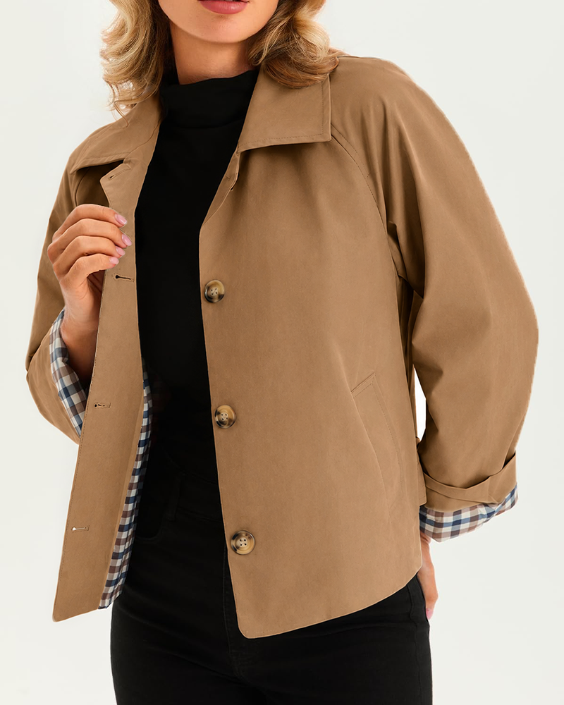 Women's Cropped Trench Coat Style Oversized Checkered Lining Jacket