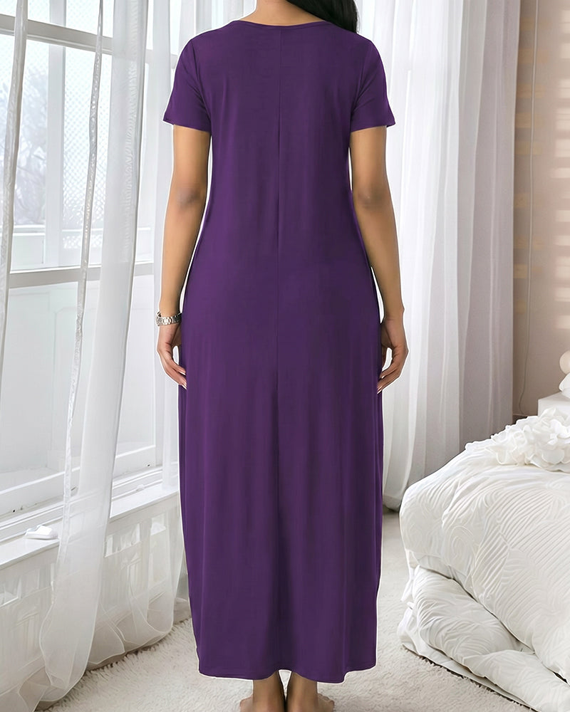 Fitted Short Sleeve Pocket Soft Loungewear Sleepwear Dress