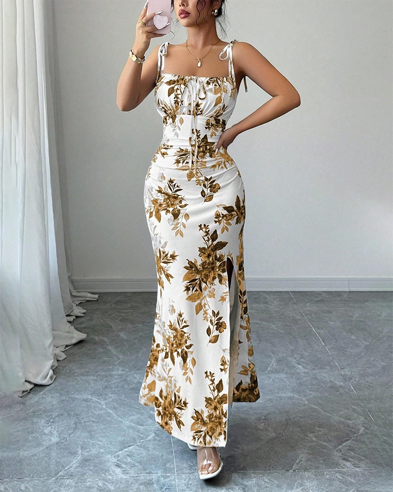 Fine Strap Bow Waist Floral Ruched Hem Slit Fitted Casual Slimming Elegant Dress