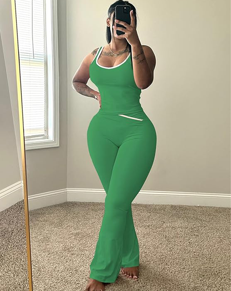 Chic Colorblock Crmon Tank and Flare Pants Lounge Sets