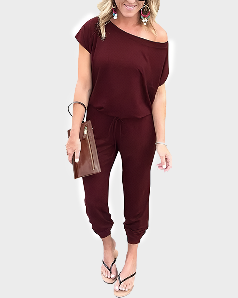 Women's Plus Size Off Shoulder Elastic Waist Loose Minimalist Jumpsuit Casual Lightweight Romper