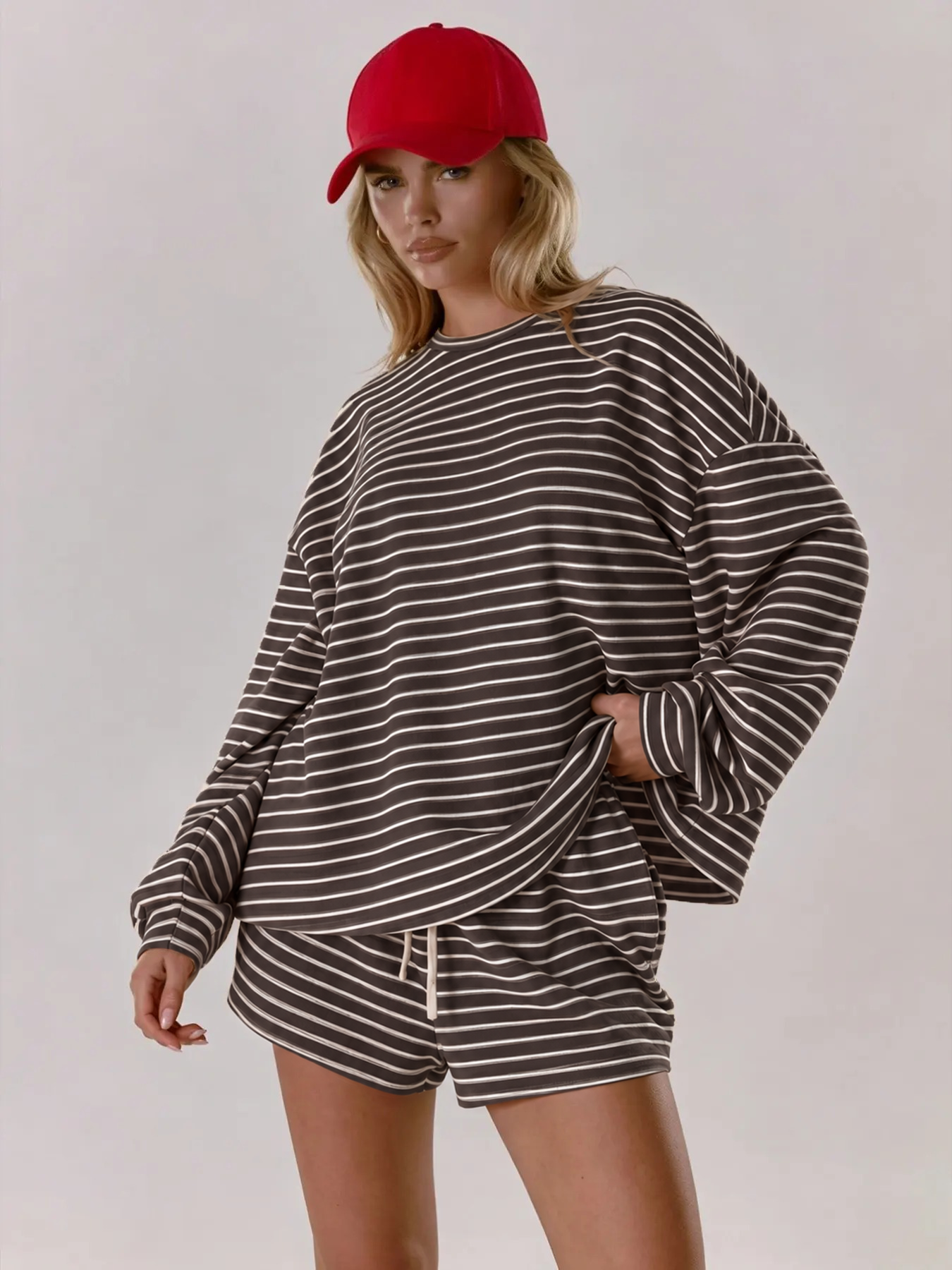 Striped Oversized 2-Piece Lounge Set – Long Sleeve Top & Pocket Shorts