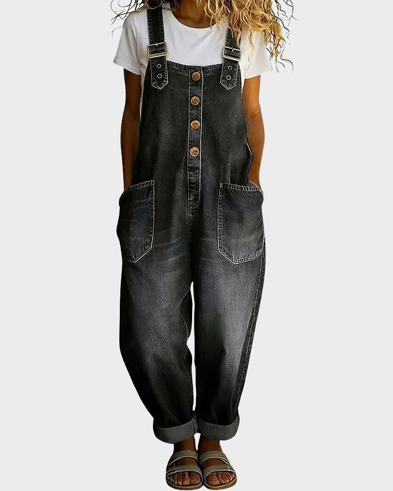 Y2K Vintage Loose Wide Leg Denim Button Front One Piece Romper Overalls