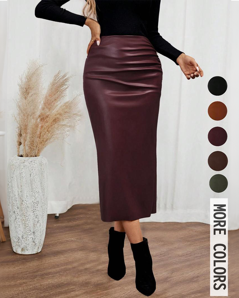 Women's Solid Color PU Leather Pleated A-Line Maxi Skirt