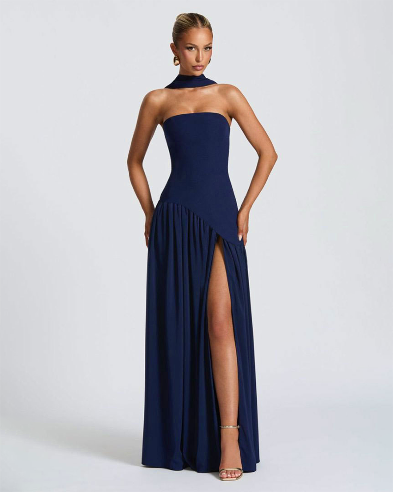 Women's Plain Split Thigh Strapless Bodycon Tube Dress