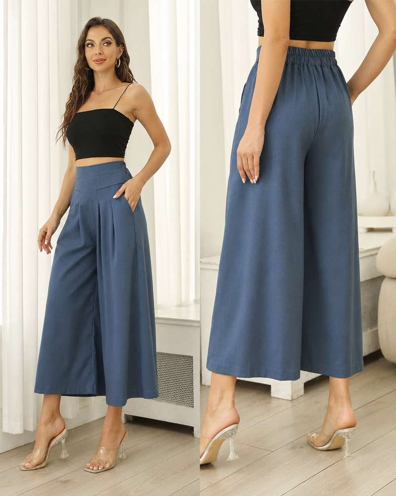 Cotton Linen Elastic Waist Wide Leg Culottes for Women with Pockets Capri Palazzo Pants