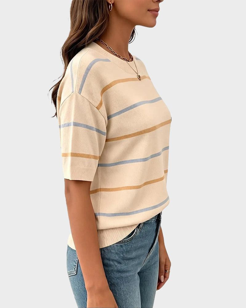 Striped Baggy Pullover Short Sleeve Round Neck Ribbed Cuff Top