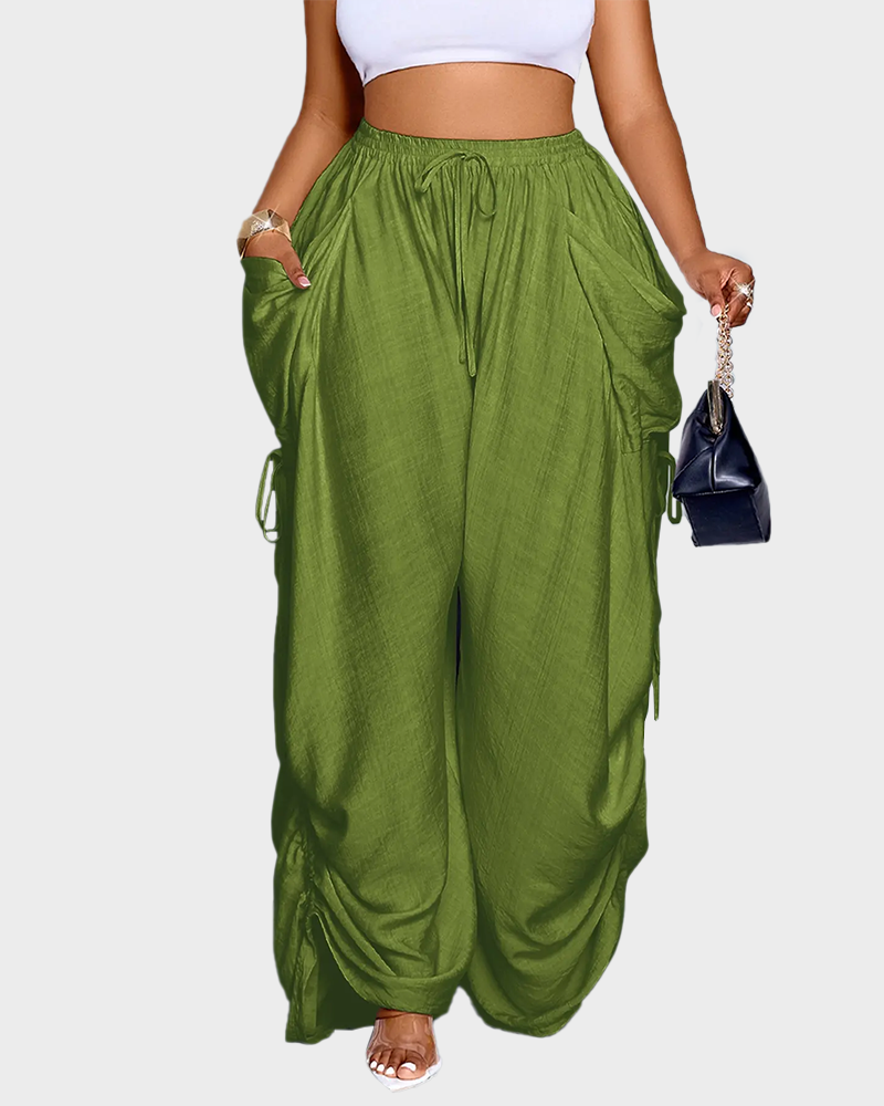 Women's Loose Fit Wide Leg Drawstring Pants Woven Plain