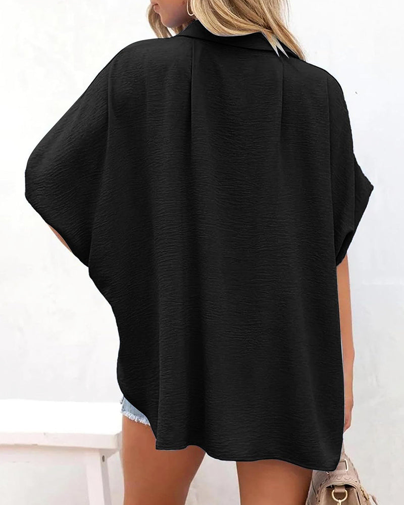 V Neck Batwing Short Sleeve Button Down Oversized Minimalist Blouse