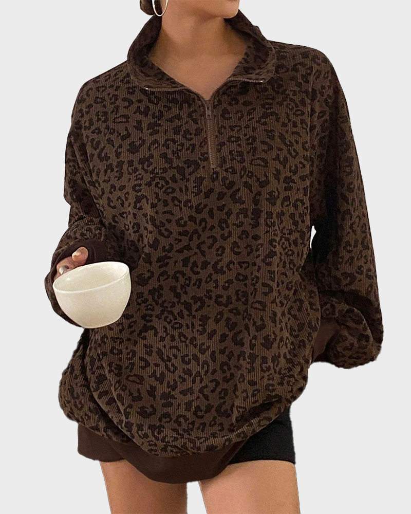 Leopard Print Oversized Half Zip Drop Shoulder Long Sleeve Casual Streetwear Top