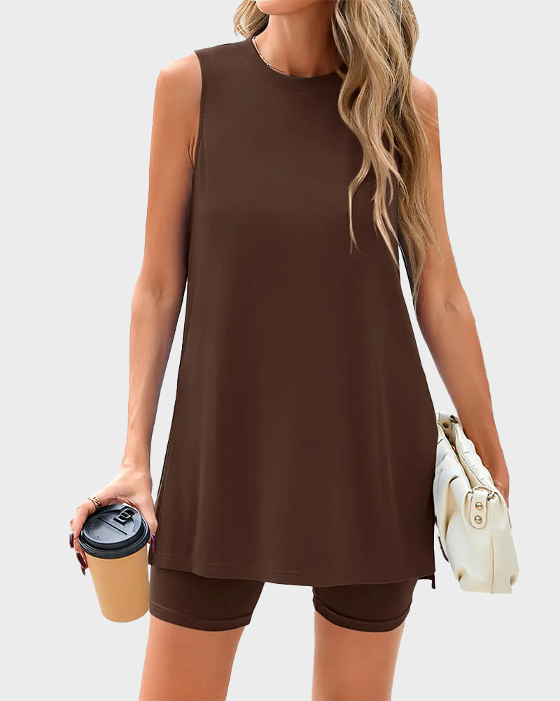 Sleeveless Crewneck 2 Piece Shorts Set Split Hem Casual Basic Fitted Homewear
