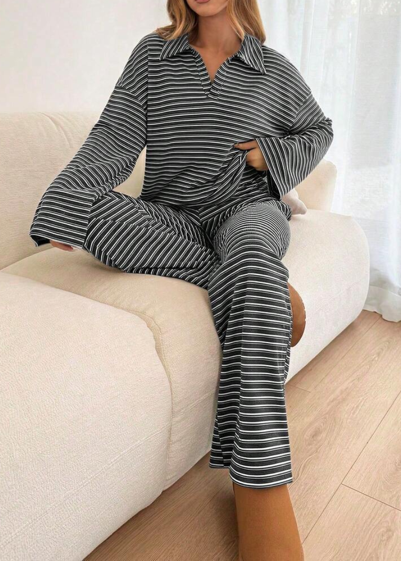 Striped Casual Pajama Set V Neck Drop Shoulder Tee & Elastic Pants Lounge Set