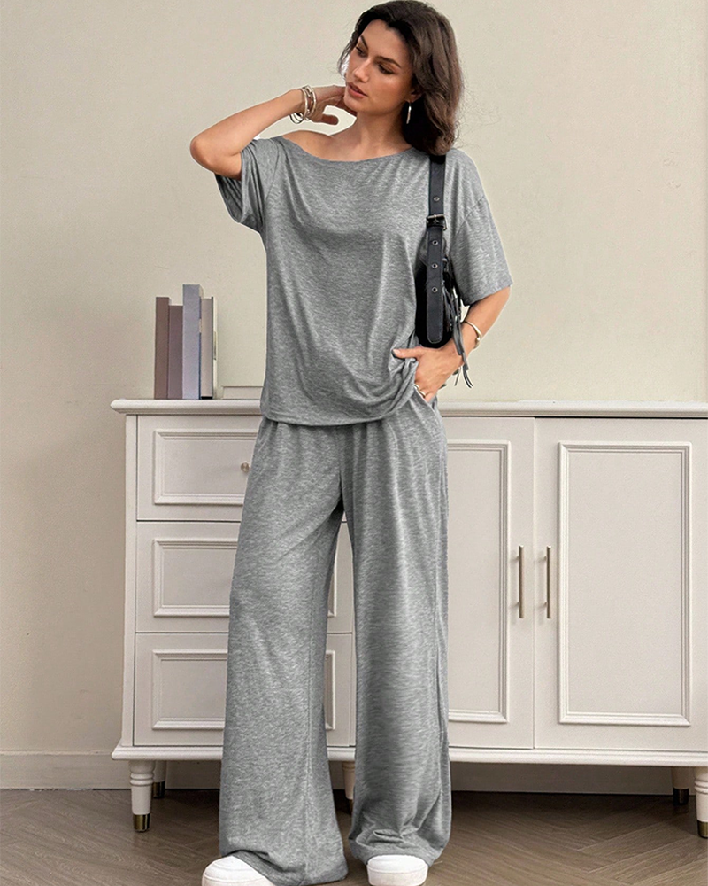Casual Sporty Off Shoulder Top & Wide Leg Pants Daily Wear 2 Piece Set