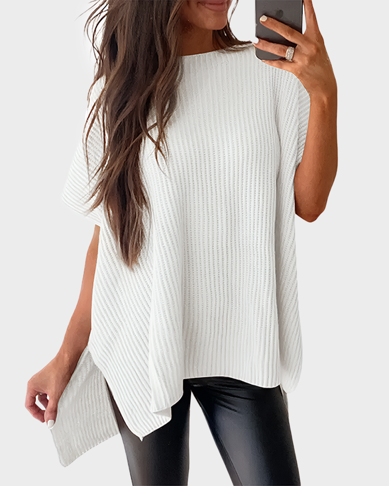 Summer Vibes Oversized Ribbed Crew Neck Knit Top with Side Slit