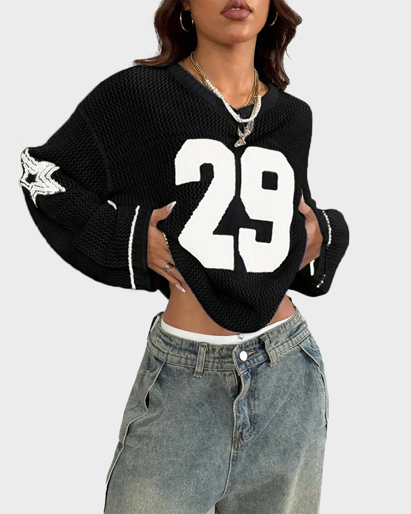 Hollow Football Y2K Long Sleeve Sweater Women's Streetwear Retro Casual Pullover