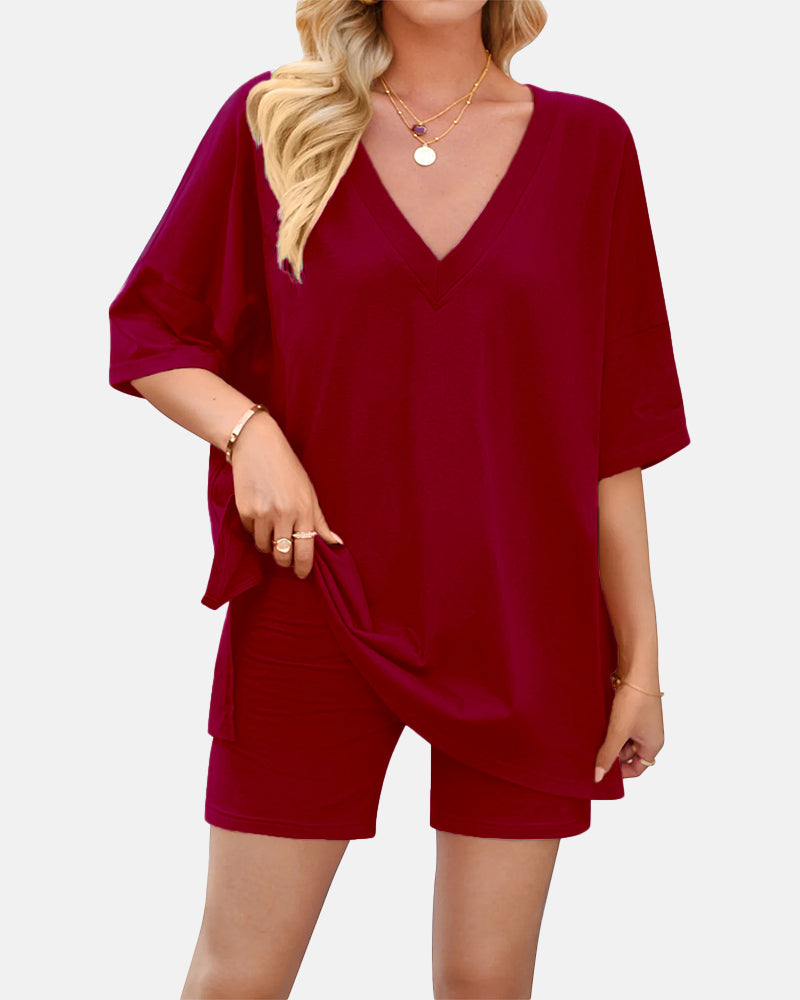 V Neck Oversized Shirt & Biker Shorts 2 Piece Lounge Set