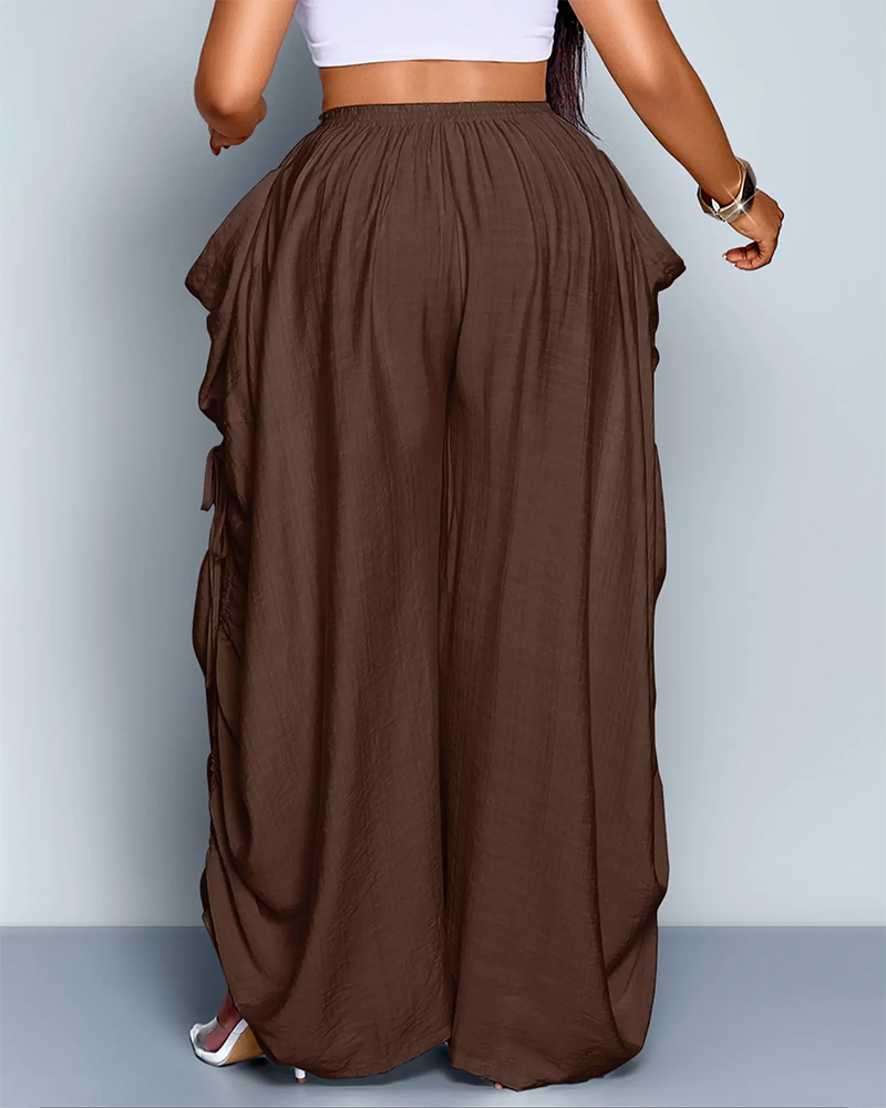 Women's Loose Fit Wide Leg Drawstring Pants Woven Plain