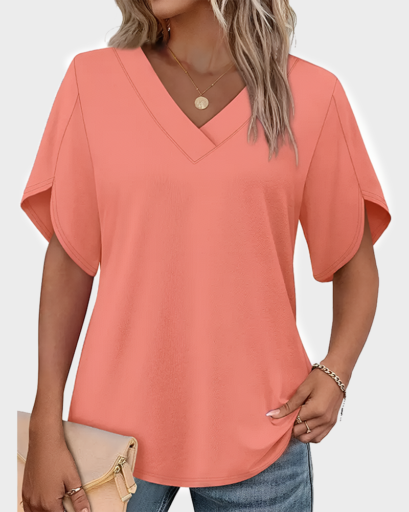 Women's Summer V Neck Short Petal Sleeve Blouse Casual Fashion Top