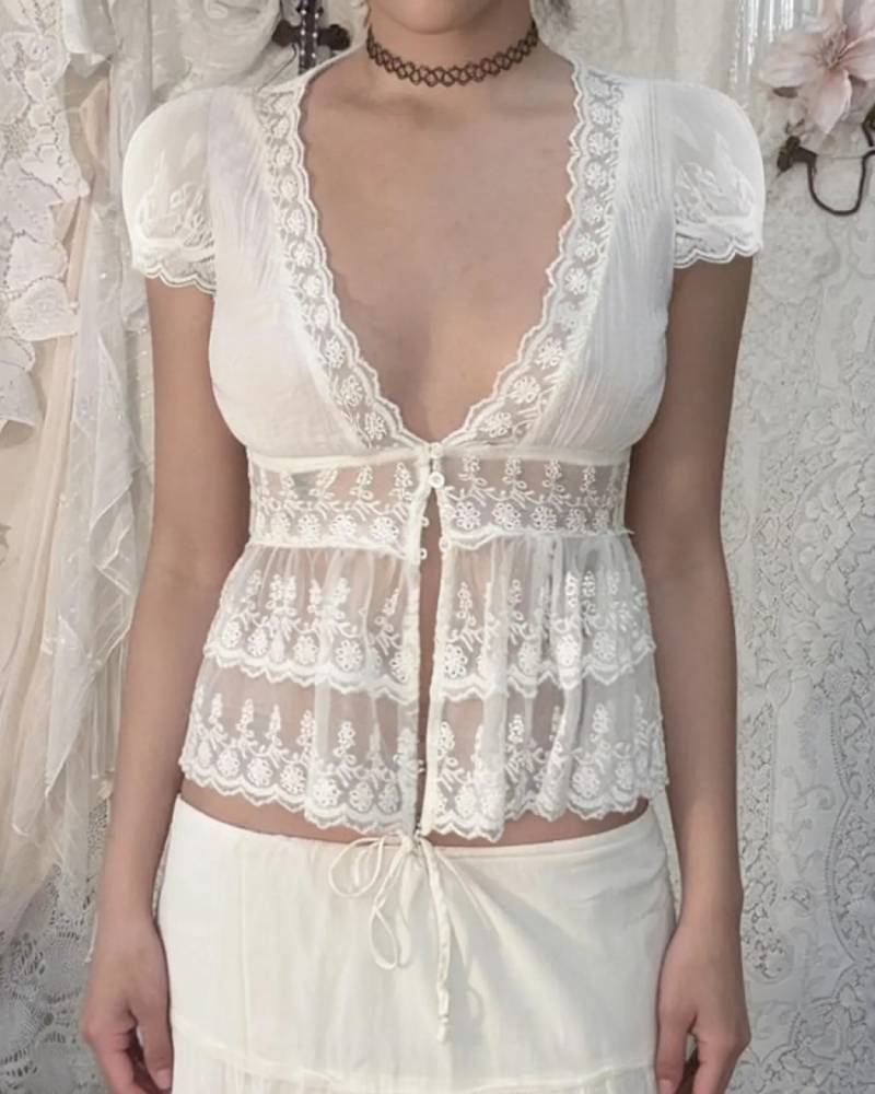 Y2K Lace Patchwork V Neck Top Sleeve Pleated Layered Cute Retro Blouse