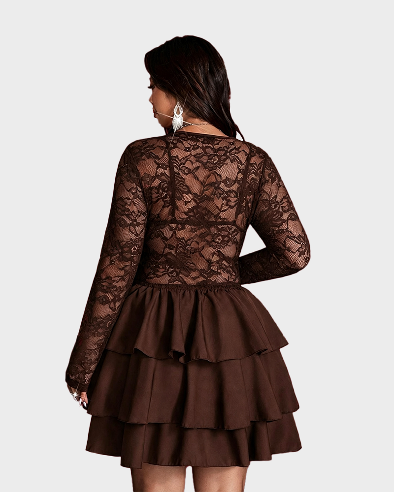 Plus Size Black Lace V-Neck Mini Dress Sheer Long Sleeve Tiered Skirt