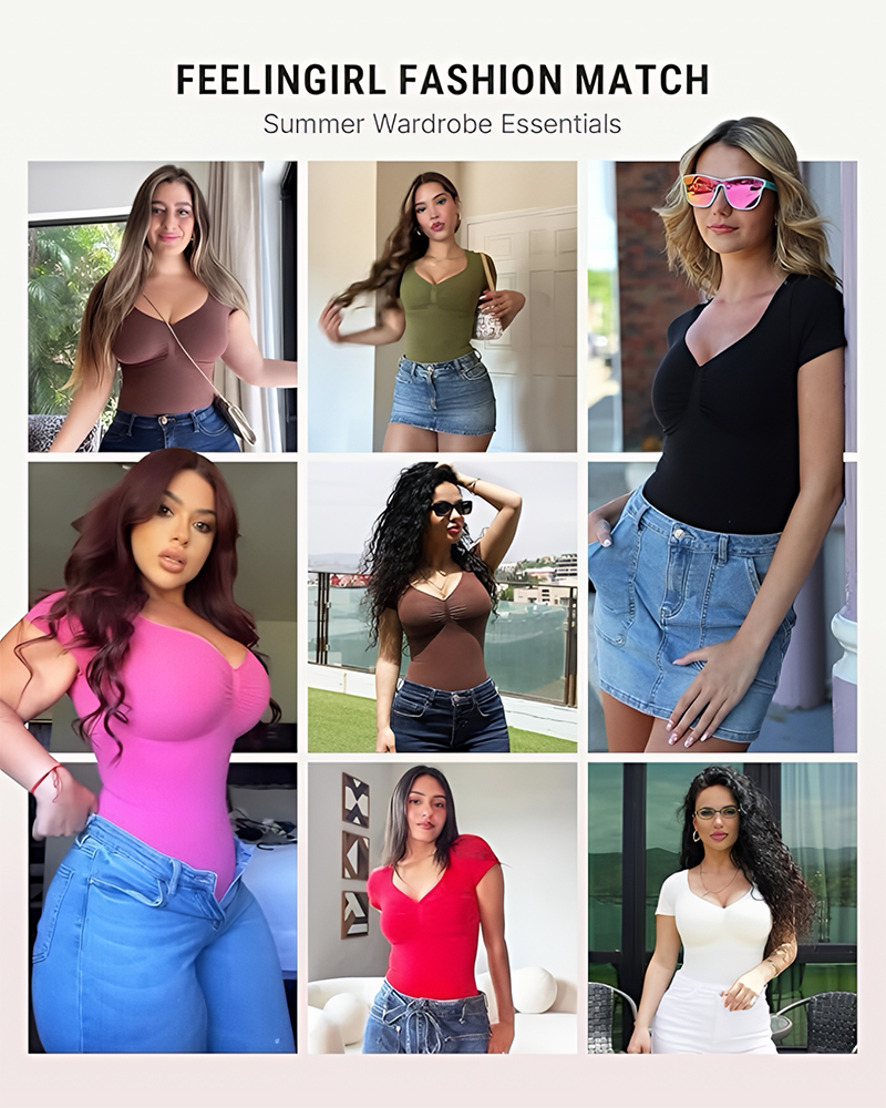 Women's V Neck Tummy Control Seamless Bodysuit Short Sleeve Thong Shapewear