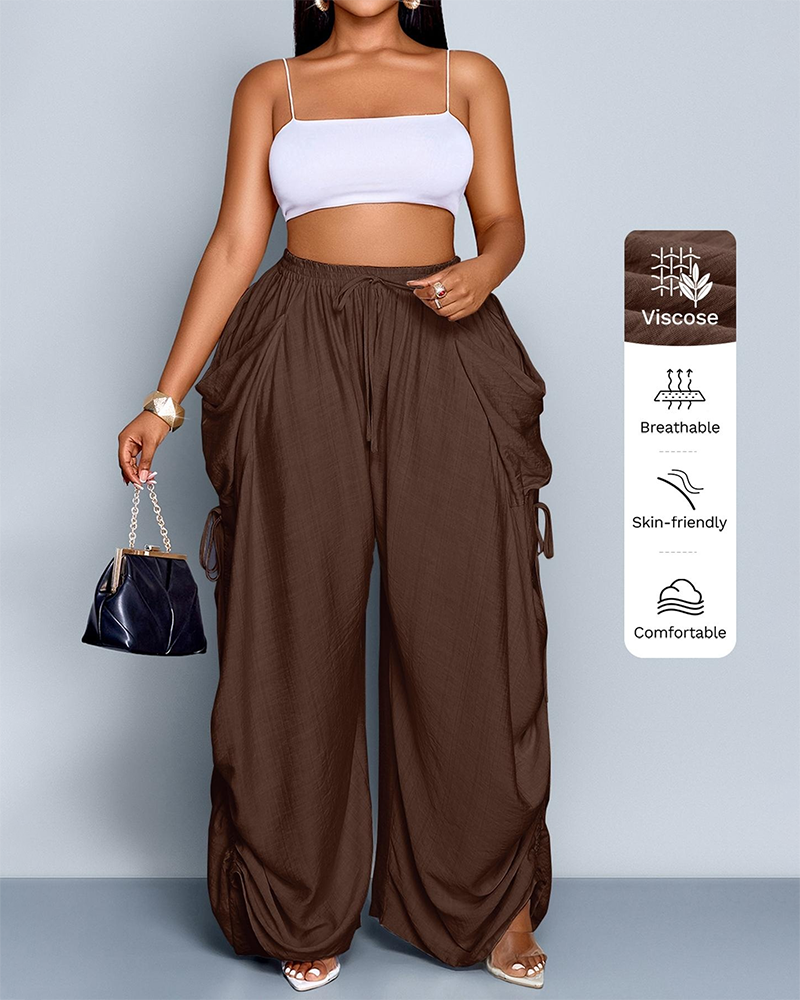 Women's Loose Fit Wide Leg Drawstring Pants Woven Plain