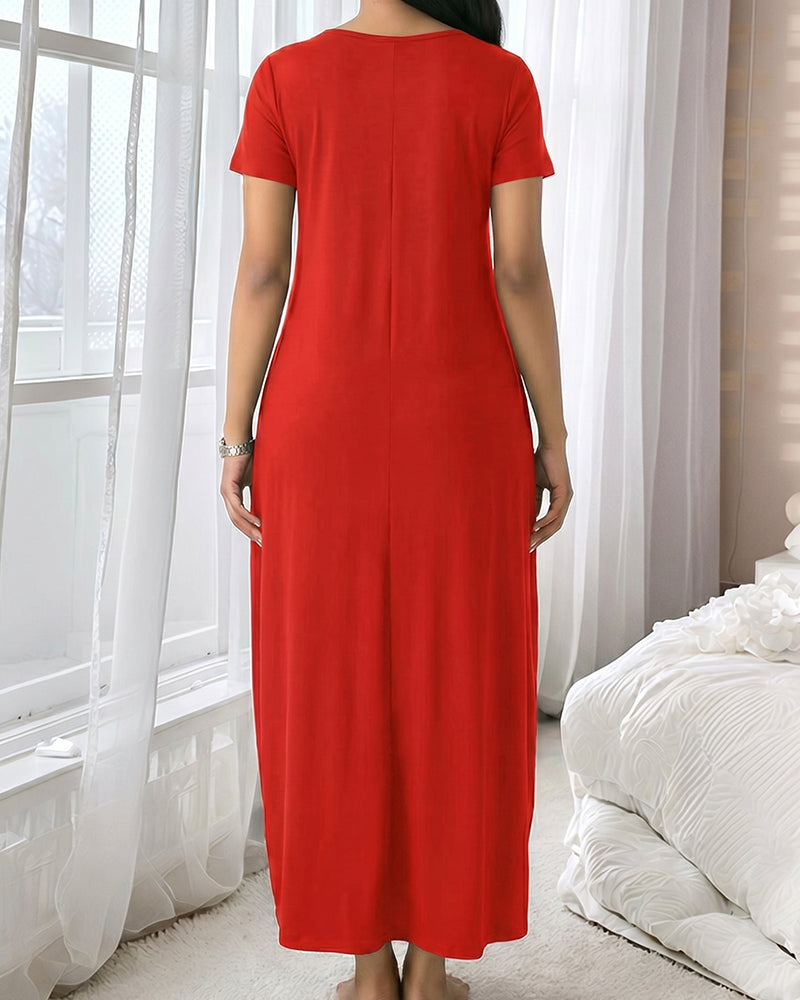 Fitted Short Sleeve Pocket Soft Loungewear Sleepwear Dress