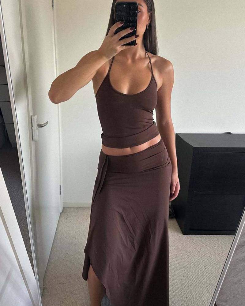 Women's Backless Tie Neck Cami & Side Split Skirt Ruffle Two Piece Set