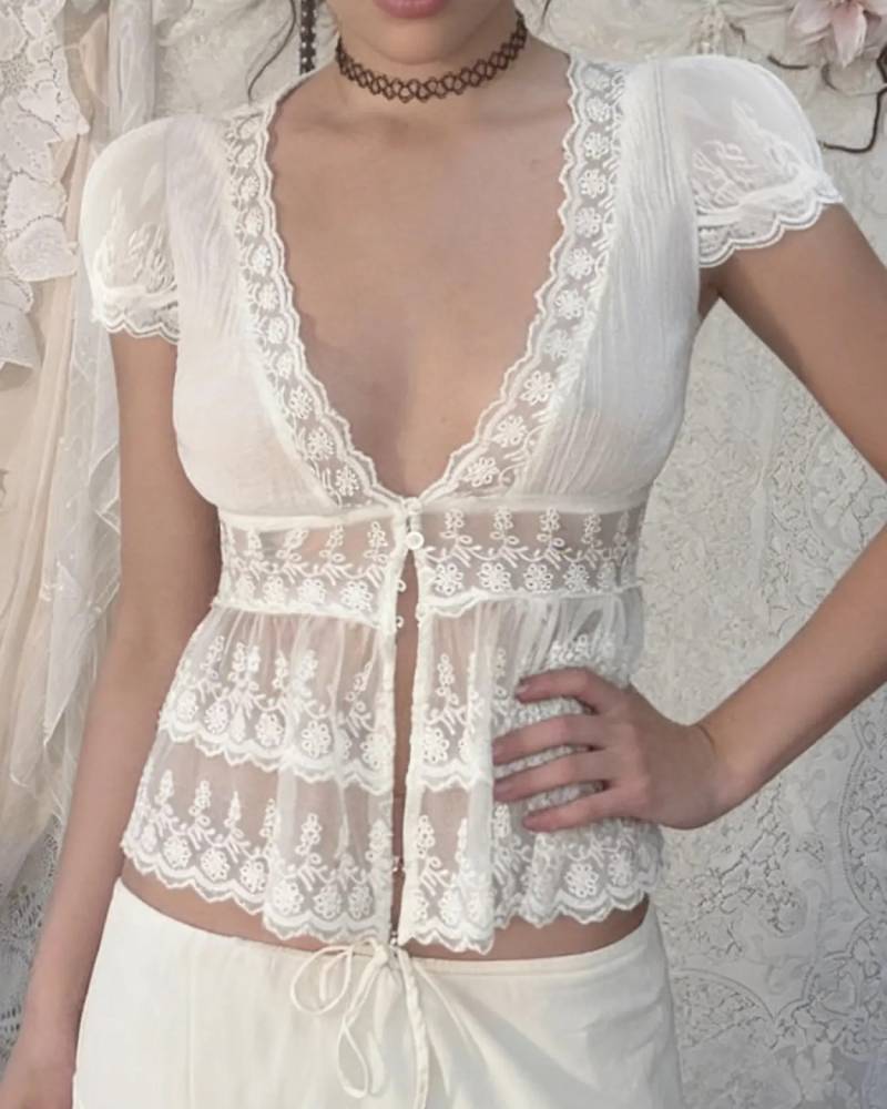 Y2K Lace Patchwork V Neck Top Sleeve Pleated Layered Cute Retro Blouse