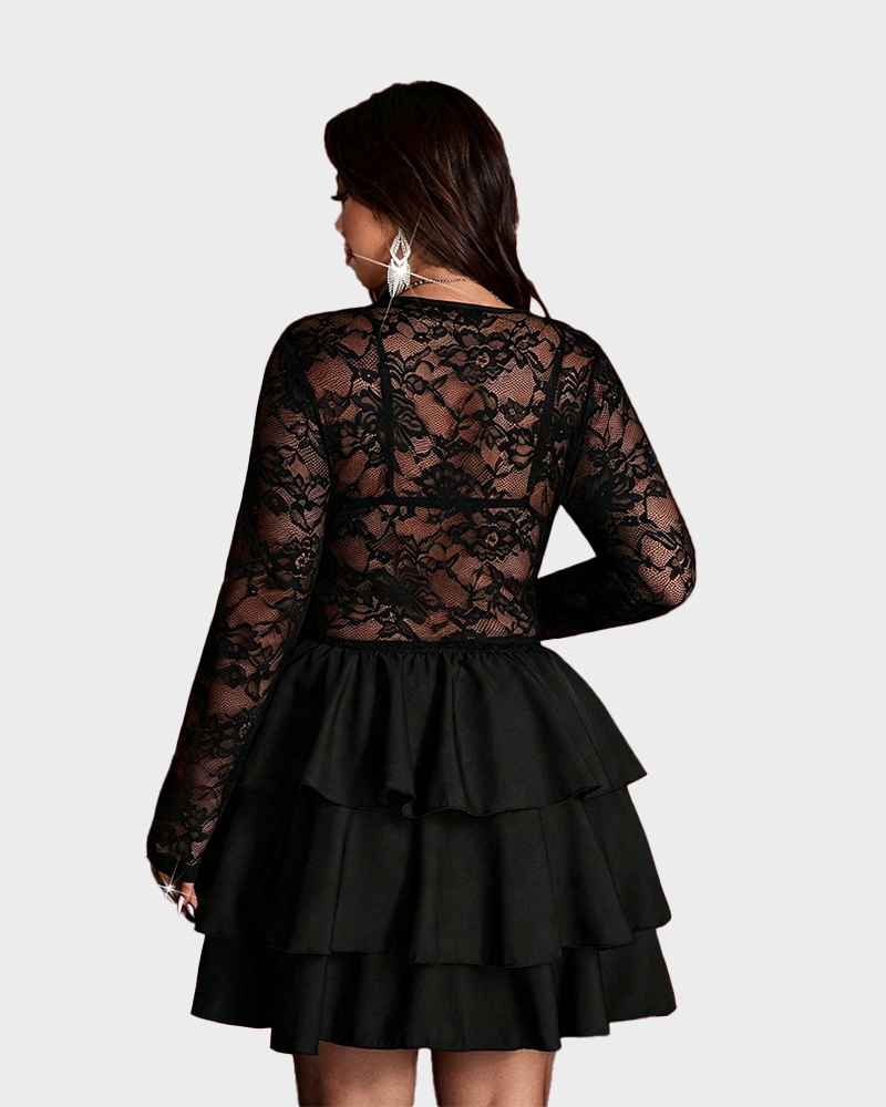 Plus Size Black Lace V-Neck Mini Dress Sheer Long Sleeve Tiered Skirt