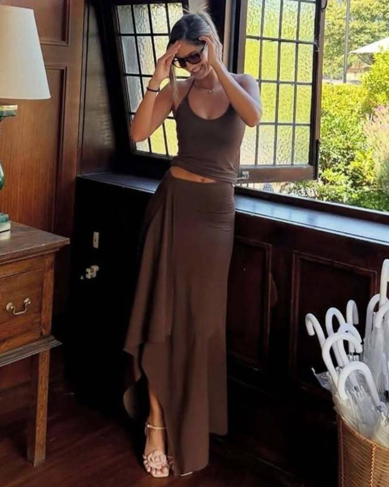 Women's Backless Tie Neck Cami & Side Split Skirt Ruffle Two Piece Set