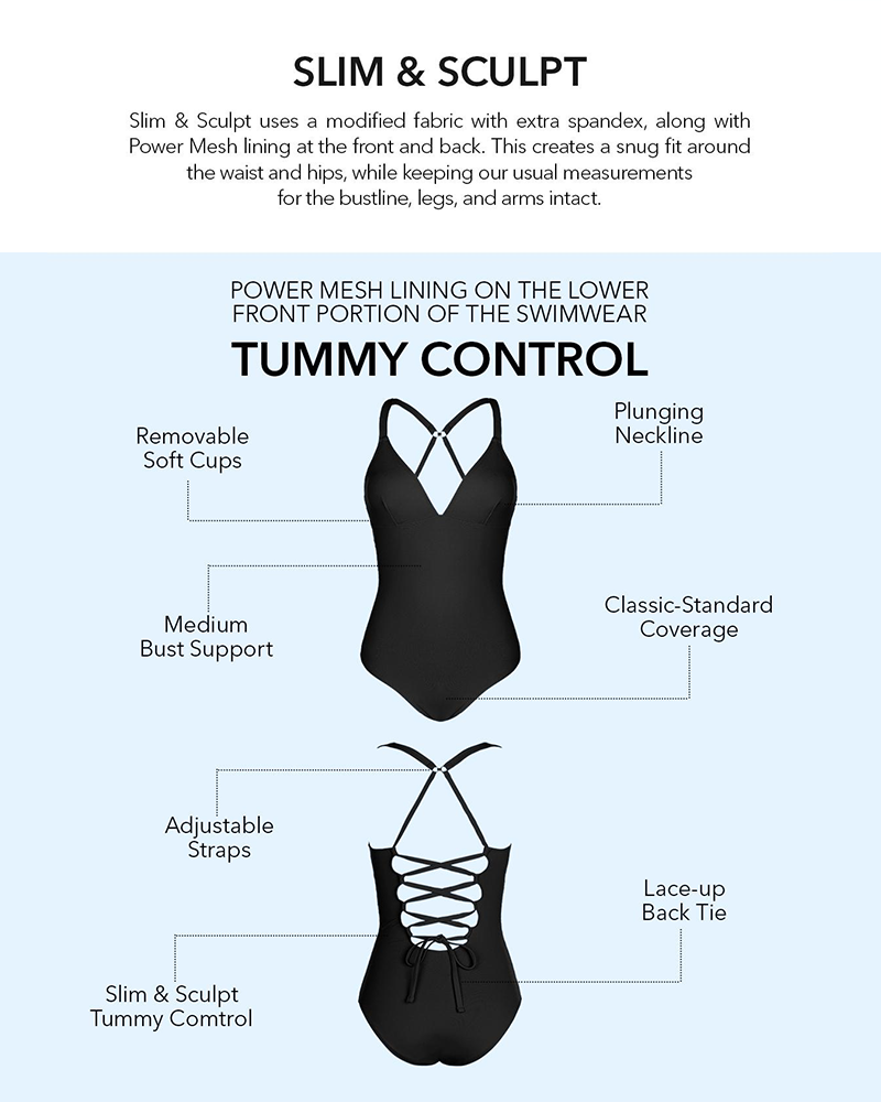 Plunging V Neck Tummy Control One Piece Swimsuit Adjustable Lace Up Back