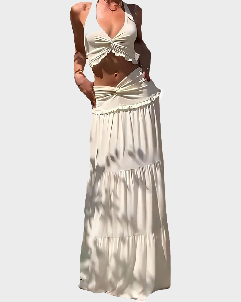 Plunge Halter Crop Top & Ruched Skirt Set Sleeveless Bodycon Summer Outfit