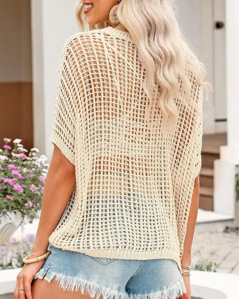 Scoop Neck Short Sleeve Crochet Hollow Out Knit Pullover Top Beach Coverup
