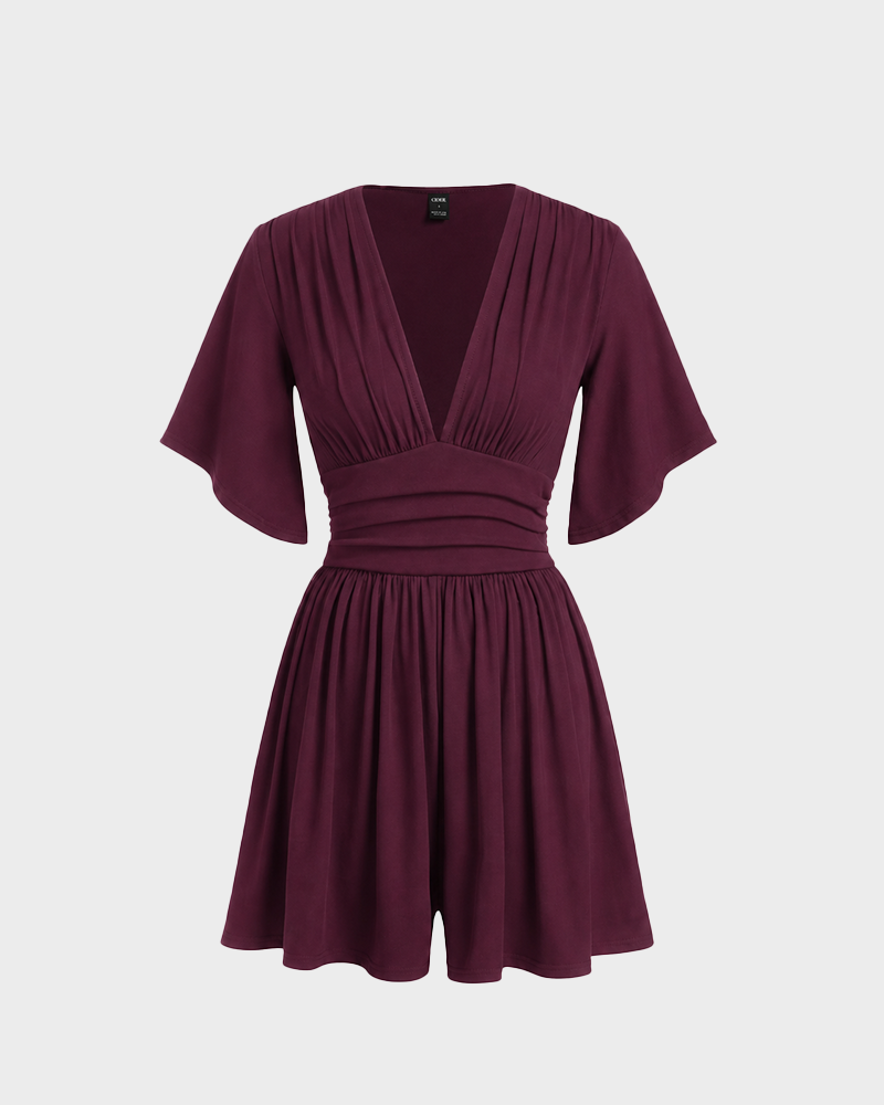 V Neck Bell Sleeve Ribbed Romper with Pockets Summer Jumpsuit