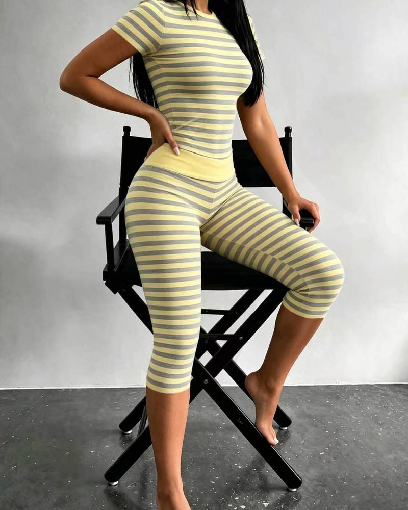 Striped Crew Neck High Waist Stretch Fitted Crop Top & Capri Leggings Lounge Set