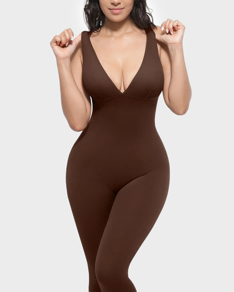 Deep V High Waisted Tummy Control Jumpsuit Breathable Shapewear