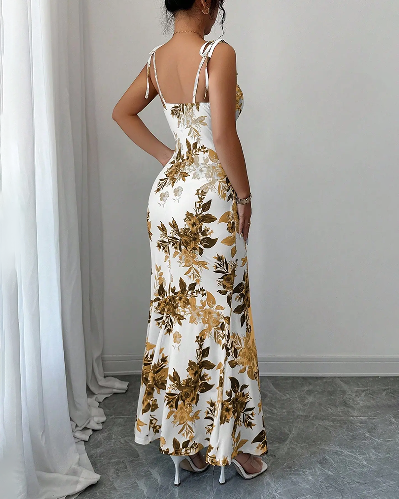 Fine Strap Bow Waist Floral Ruched Hem Slit Fitted Casual Slimming Elegant Dress